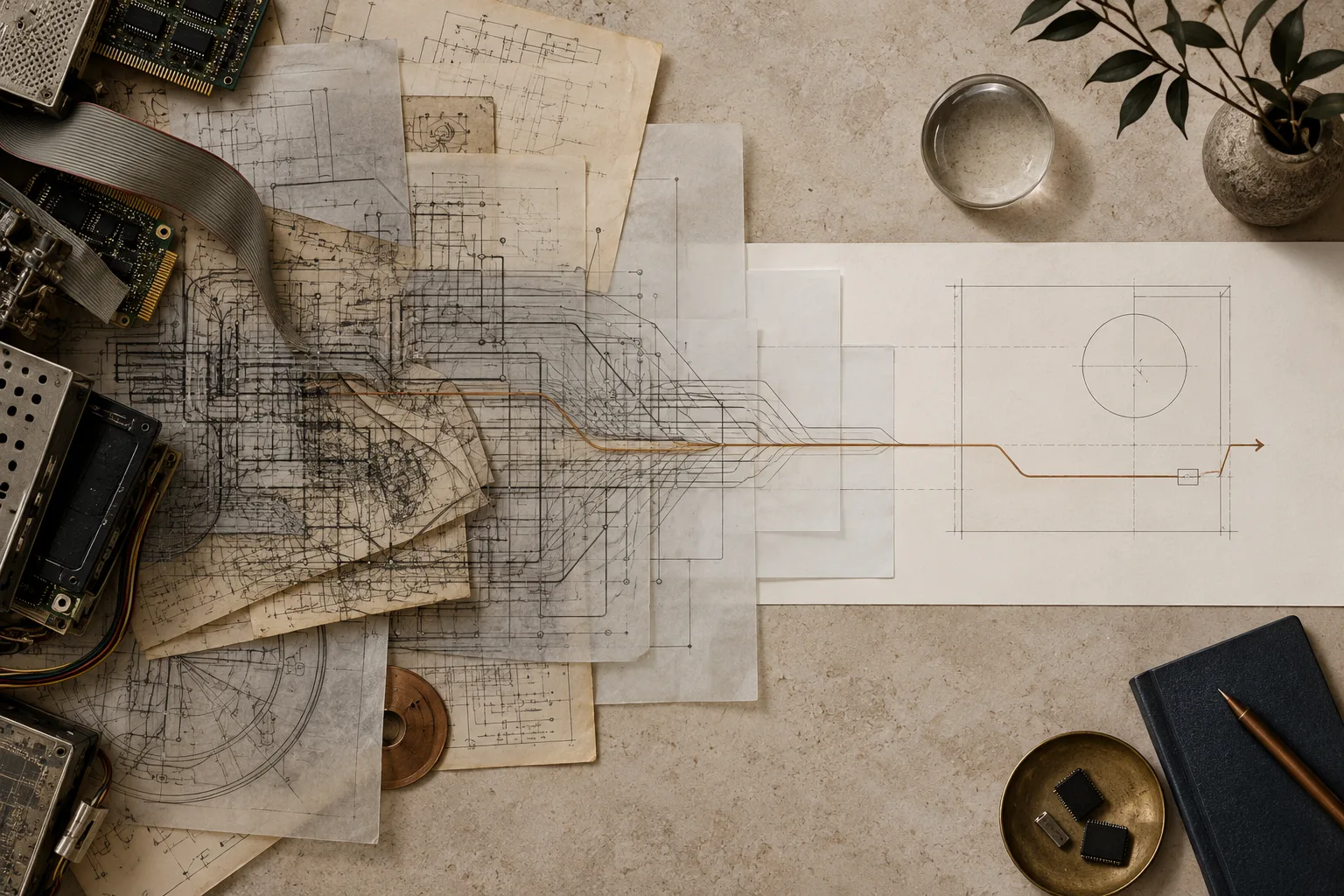 Conceptual editorial image of tangled legacy system diagrams resolving into one clear route