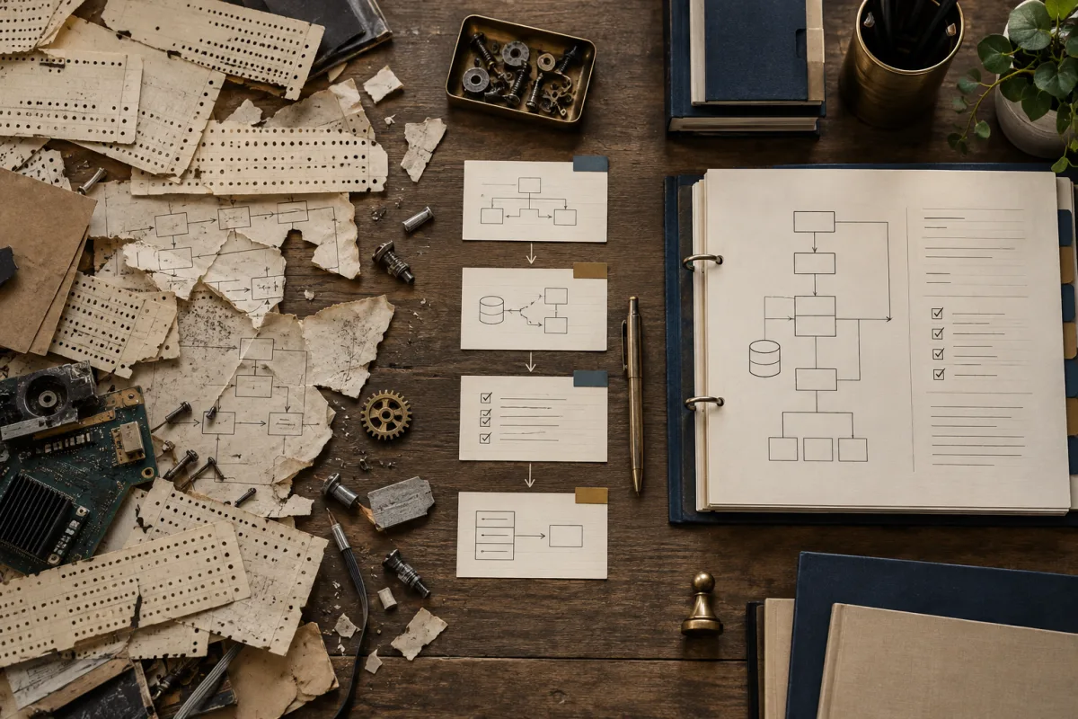 Conceptual view of fragmented source being recovered into tests and documentation